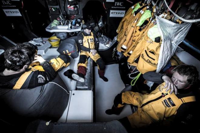 Onboard Abu Dhabi Ocean Racing - All watches are up and standing by as the team approaches the ice limits in prep for the evenings gybe-fest - Leg five to Itajai -  Volvo Ocean Race 2015 © Matt Knighton/Abu Dhabi Ocean Racing